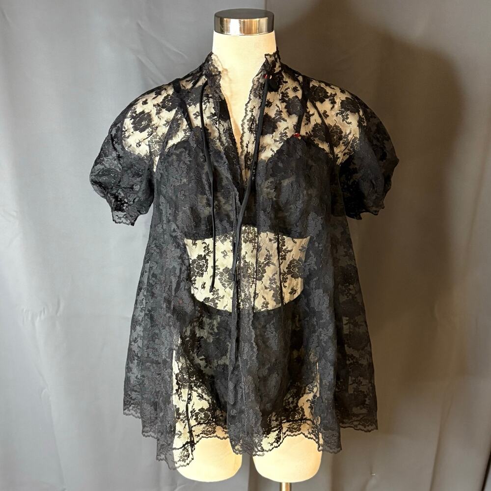 Vintage 1980s/90s 3-Piece Black Floral Lace Lingerie Set Peignoir Sexy Small